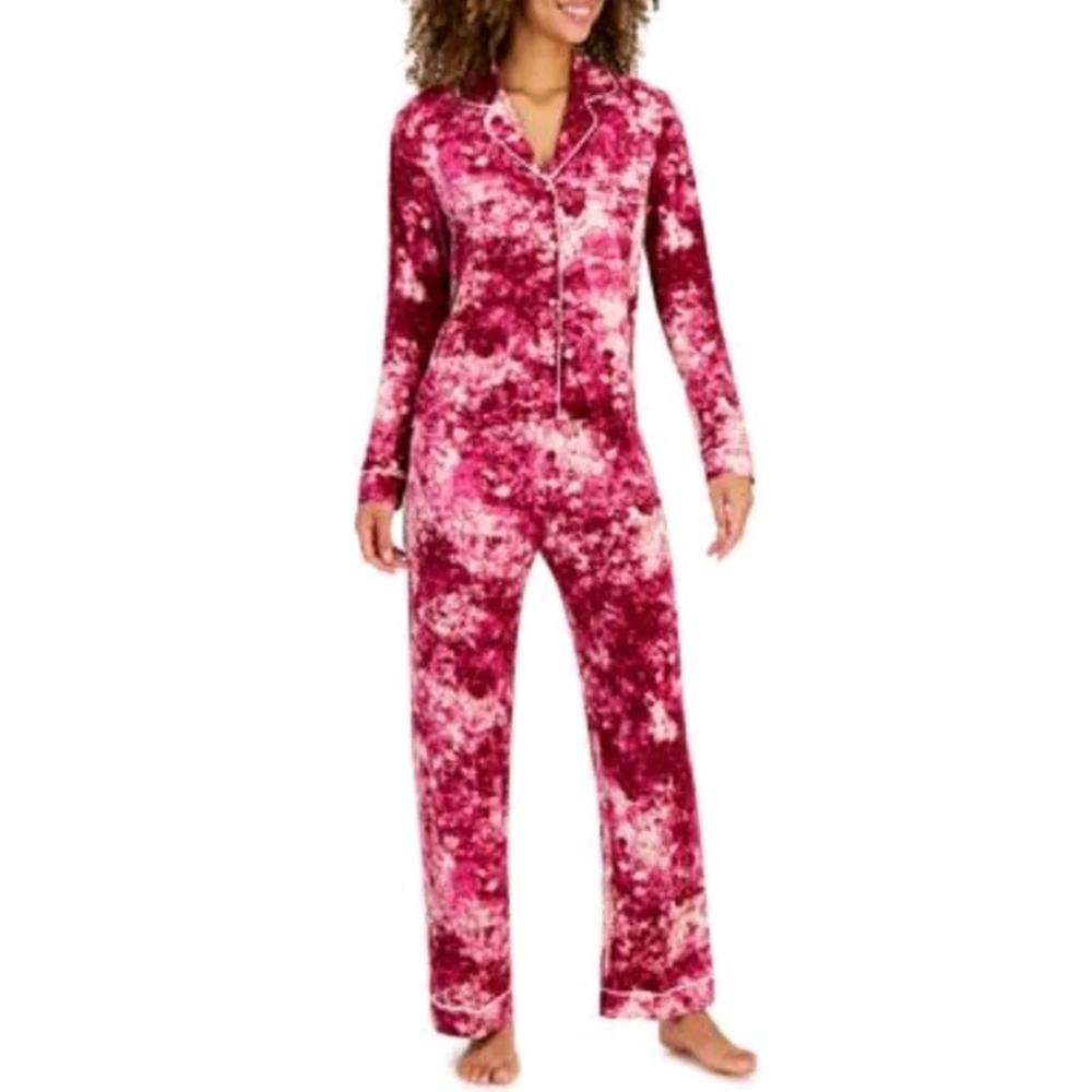 Jenni Pajama Set Women's S‎ Pink Tie Dye Long Sleeve Notch Collar Soft Lounge